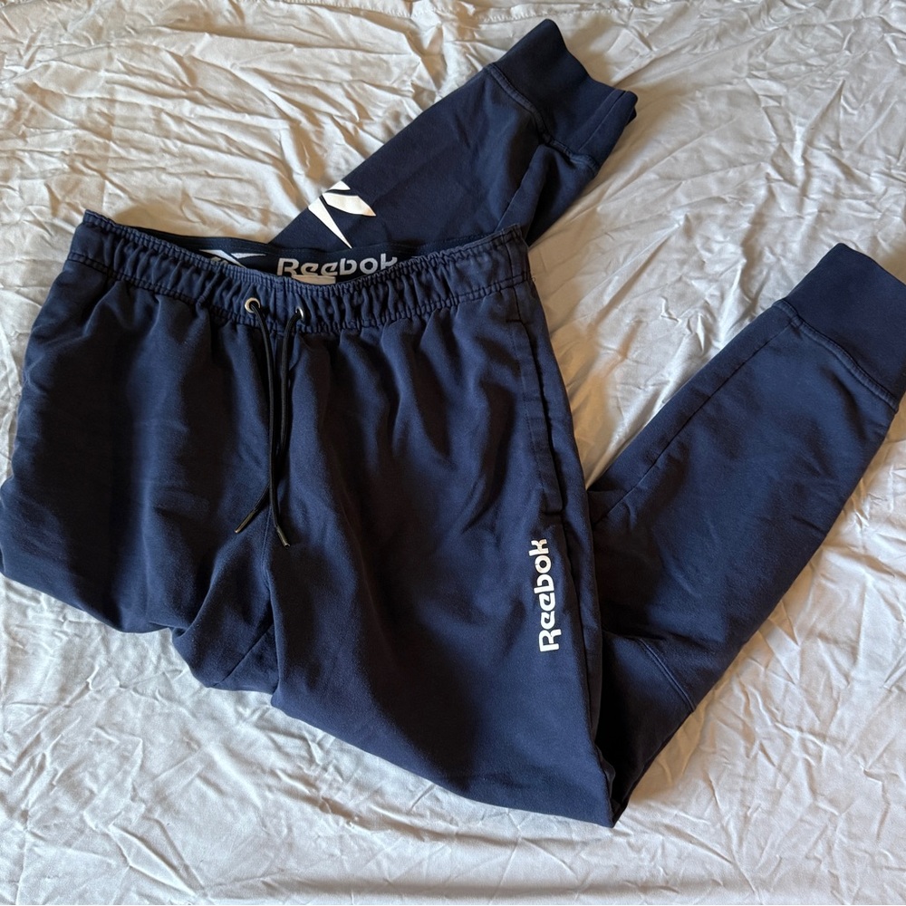 Reebok Men’s Navy Sweat Jogger Pants with White Logo